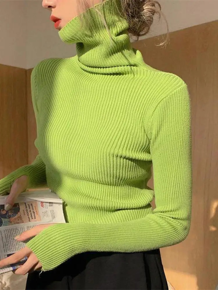Autumn Winter Basic Knitted Tops Women Turtlneck Sweater Casual Pullover Korean Fashion Simple With Thumb Holes Chic Clothes 260306