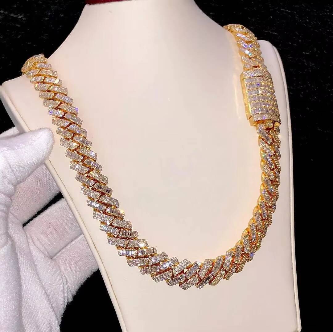 14mm Real Baguette VVS1 Moissanite Diamond Cuban Link Hip Hop Chain Bustdown Cuban Necklace Rapper Miami Cuban Chain