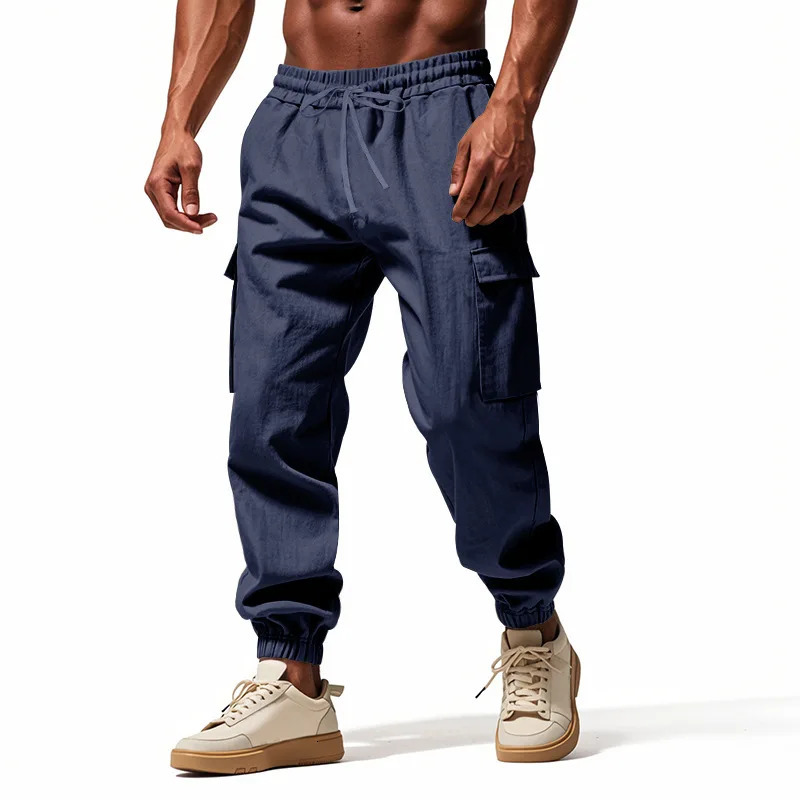 2026 mens casual multi-pocket trousers male closed-placket tethered cotton and linen straight-leg leggings Men Mens 260305