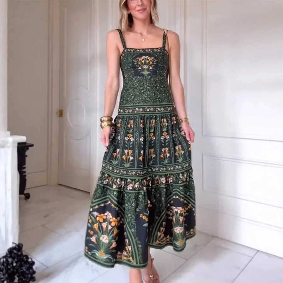 Boho Sling Long Dress Fashion Print Sleeveless Large Swing Party Evening Dresses Casual Retro Holiday Robe Womens Clothes 260306