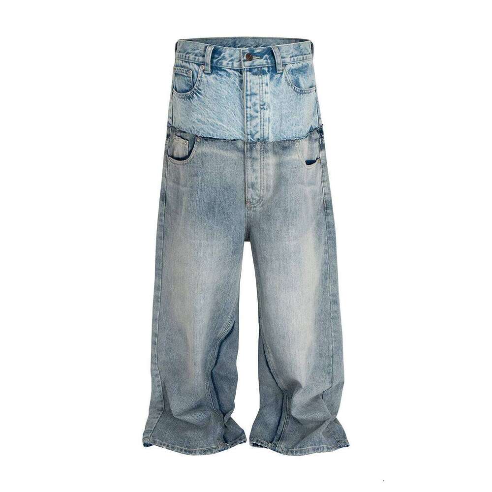 CUT-UP Double-layer Double Waist Patchwork Baggy Jeans for Men and Women Straight Casual Loose Denim Trousers Oversized 26Y0304