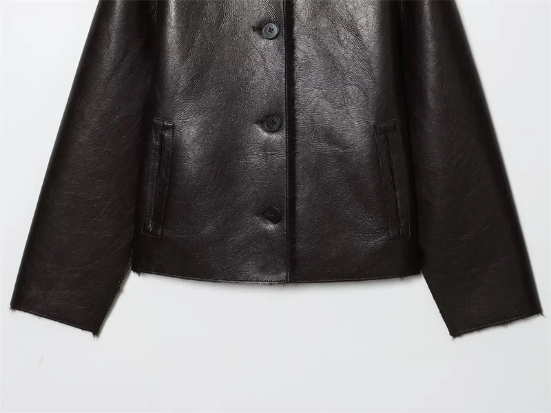 Womens Jacket AutumnWinter Arrivals Dark Brown Long-Sleeve Faux Leather Reversible Jacket Stylish and Unique 260306