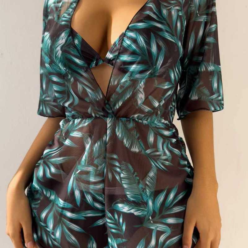 Women's Swimwear New Three-Piece Bikini Set Leaf Print Waist-Tie Fashion Long Sleeve Beach Sun Protection Swimsuit