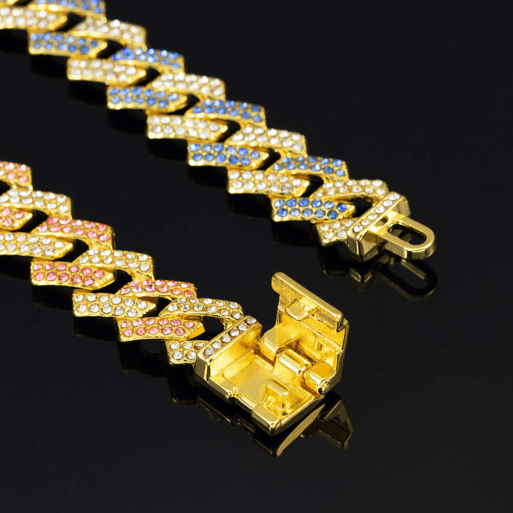 European and American Cross-Border Hot-Selling 15mm Diamond-Shaped Small Flip Cuban Chain High-Quality Pink Blue Hip-Hop Necklace Wholesale