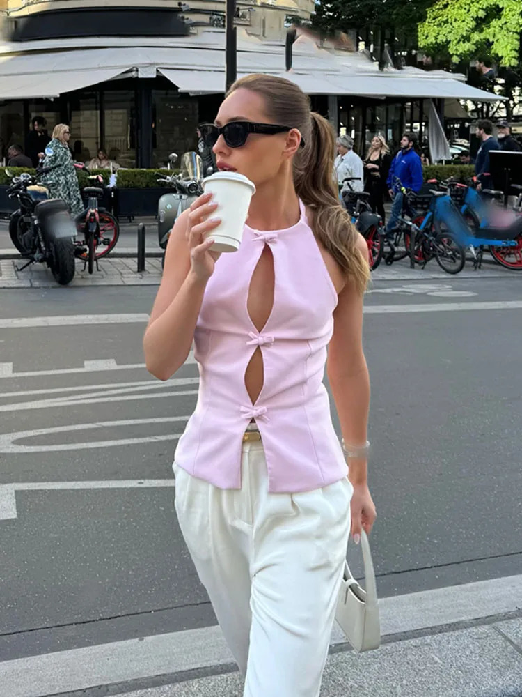 HH Womens Retro Bow-trimmed Vest Elegant Solid O Neck Sleeveless Off-shoulder Halterneck Summer Vintage Casual Tops 260306