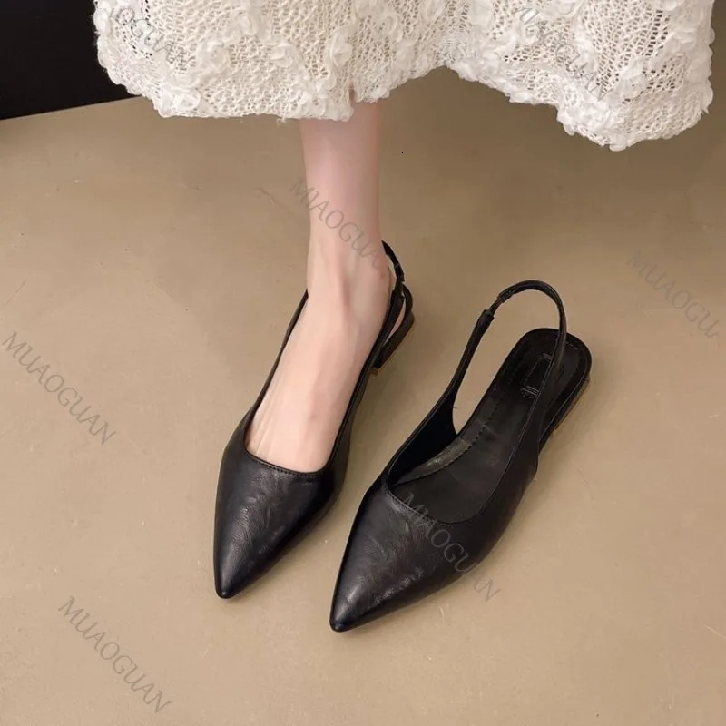 Womens Leather Pointed Toe Slingback Slip-on Low Heeled Sandals Soft Comfortable Casual Female Summer Daily Pumps Footwear Shoe 260303