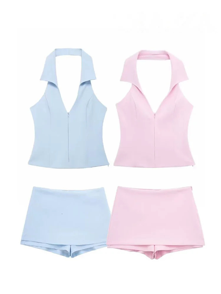 HH Women Pink 2 Piece Set Sexy VNeck Sleeveless Backless Suspender Zipper TopHigh Waist Back Pocket Mini Skirts Shorts Y2K 260306