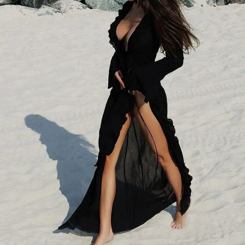 V Neck Summer Beach Cover Up Long Sleeve Ruffled Bikini Sunscreen Smock Vacation Casual Swimsuit Dress for Women 260228