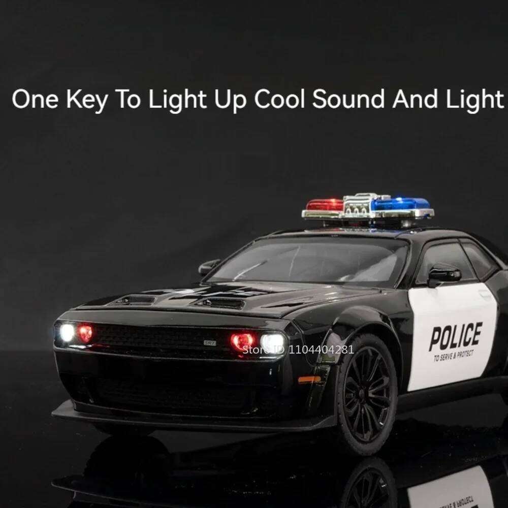 1:22 Hellcat Challenger SRT Cars Toys Diecast Police Car Front Wheel Steering Doors Opened Sound Light Model Friend's Gift Z260307