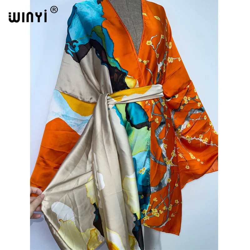 WINYI Summer Beach Wear Swim Suit Cover kaftan sweet lady boho Cardigan stitch Self Belted sexy Holiday long Sleeve Kimono 260228