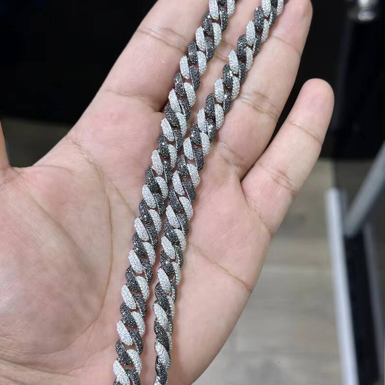 Moissanite Black And White Diamond Iced Out Cuban Link Chain Necklace Hip Hop Trendy Fashion 925 Silver Rapper Party For Mens