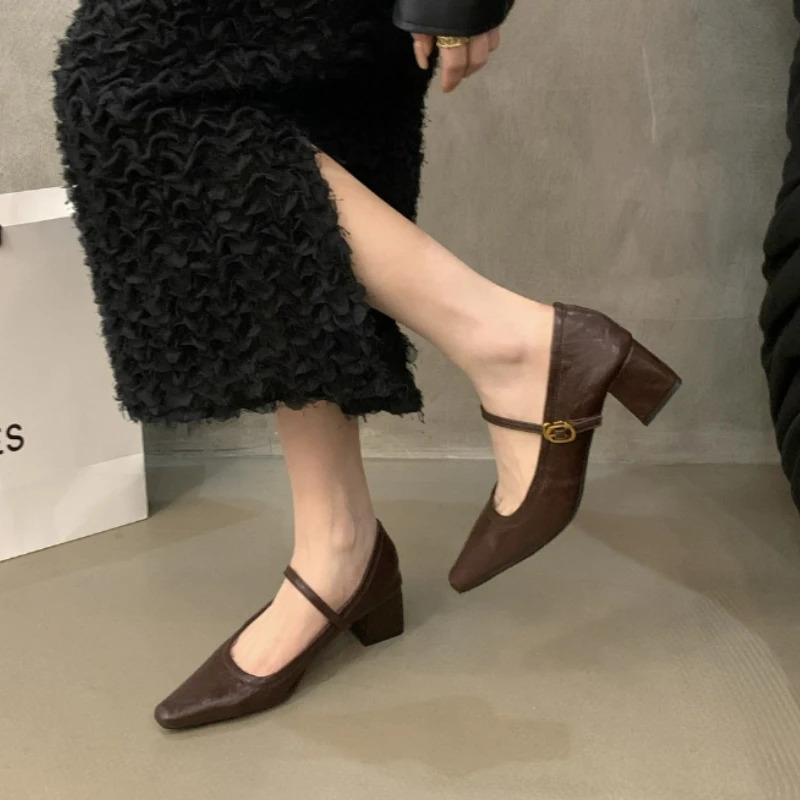 er Square Toe Women Mary Jane Shoes 2026 Spring Shoes Ladies Elegant Buckle Strap Thick Heel Party Dress Pumps 260303