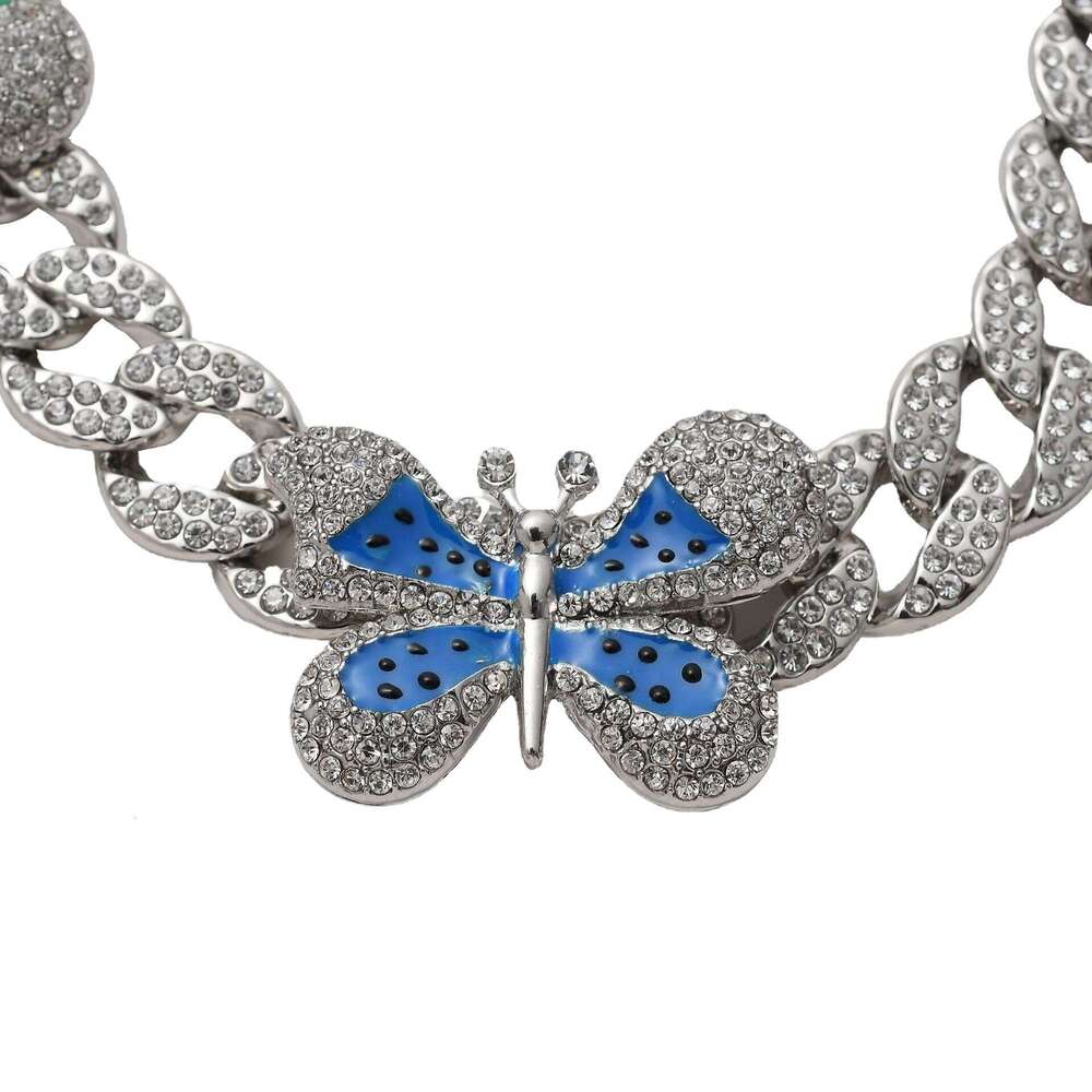 High-Quality European and American INS Jewelry Full Diamond Oil Drop Butterfly Cuban Hip-Hop Necklace Collarbone Chain for Women Wholesale