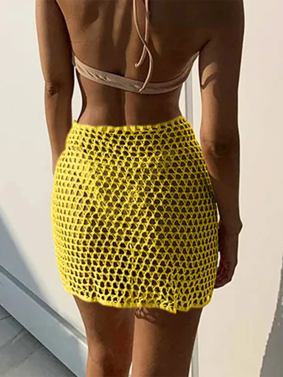 Women Beach Skirt Hollowed Solid Black White Yellow Green Knitted Mini For Summer Vacation Seaside CoverUp 260228