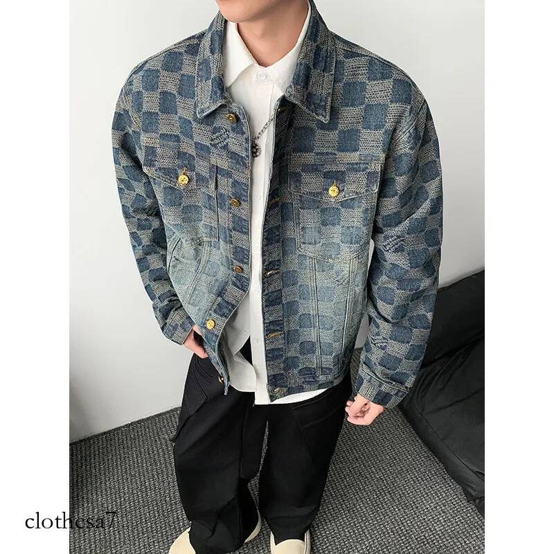 Vintage Loose Men's plaid Print Denim Jacket Spring Autumn Casual Versatile Hipster Long Sleeve Outerwear Coat