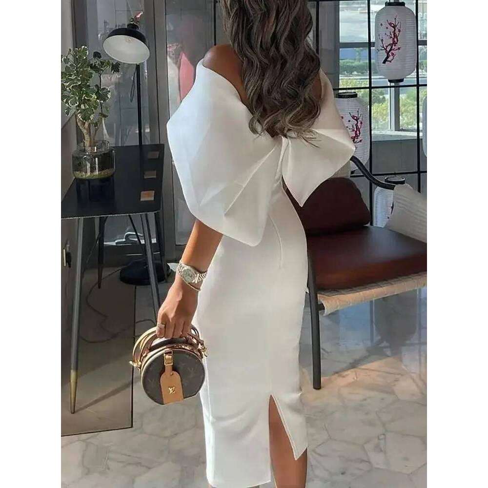 Muse Elegant Women Summer Off Shoulder Cape Design Splicing Skinny Dress Vestidos Woman Evening Party Dresses White