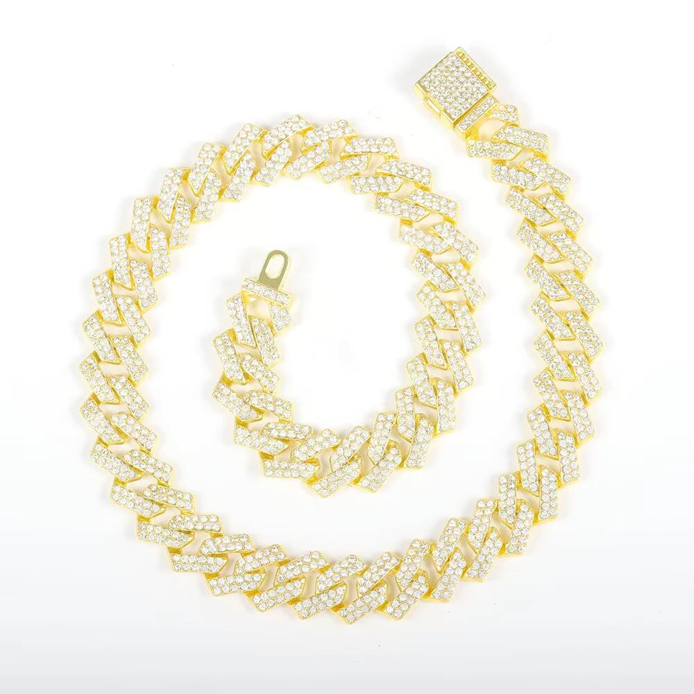 Moissanite Cuban Link Chain 15MM Diamond Gold Plated Alloy Fashion Jewelry Hip Hop Necklace Bracelet for Men