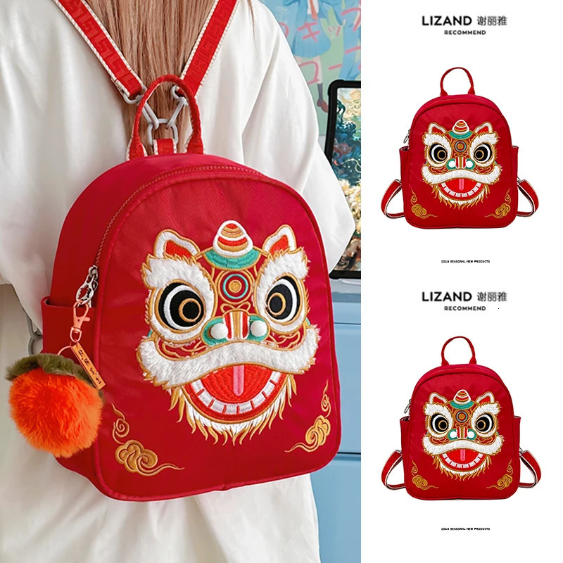 Red Embroidered Lion Dance Large Capaci Double oulder Bag Womens Travel Bapa Autumn Winter Sle Retro Chinese T 260307