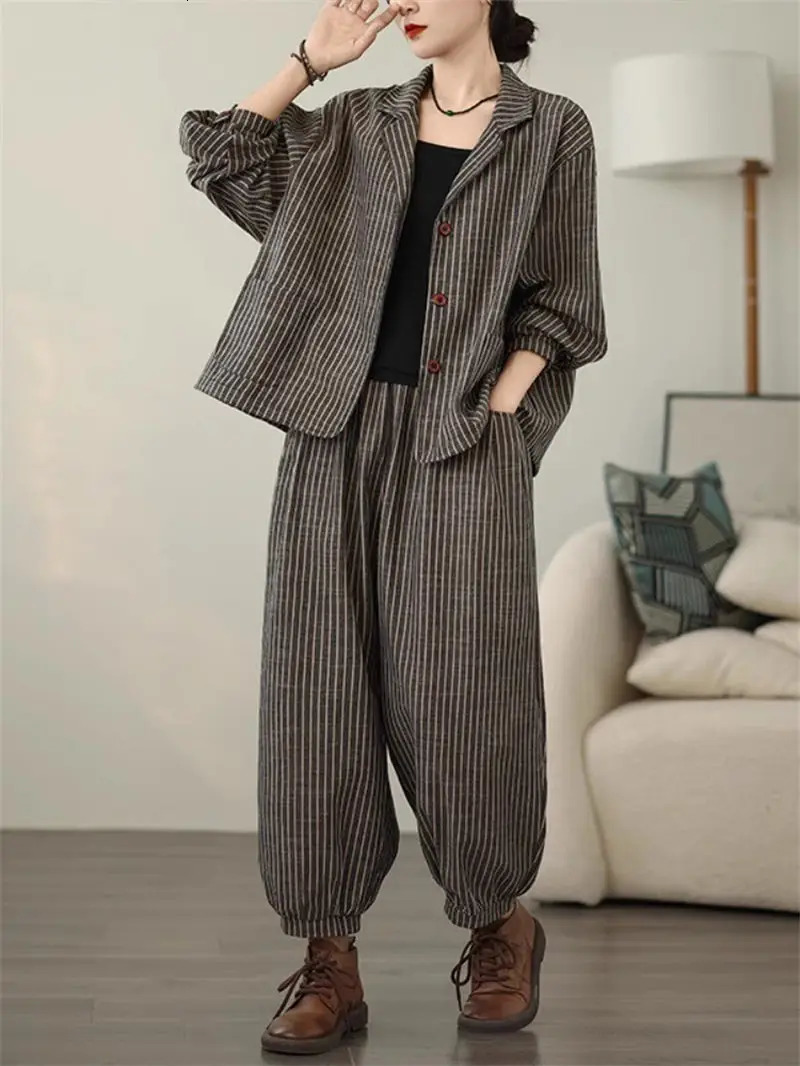 Retro Stripe Cotton And Linen Suit Womens Autumn Temperament Casual Wide Leg Harem Pants Loose Oversized 2 Piece Set K2478 260303