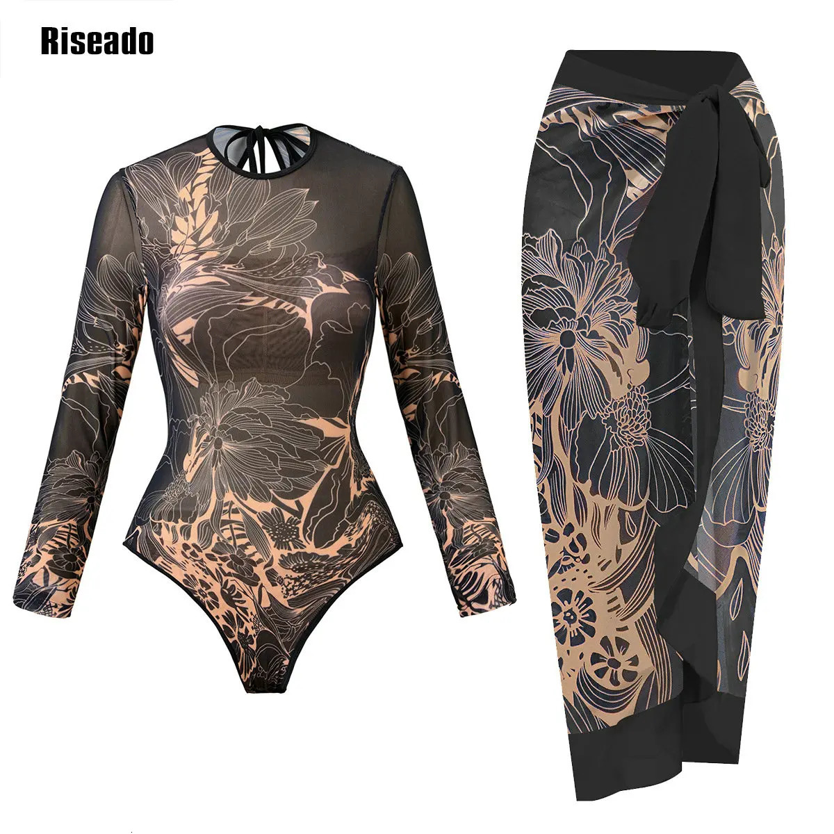 Trend Mesh Swimwear Womens Sheer Sexy High Waist Surfing One Piece Suit with Pants Skirt Swimdress Smart Woman 260306