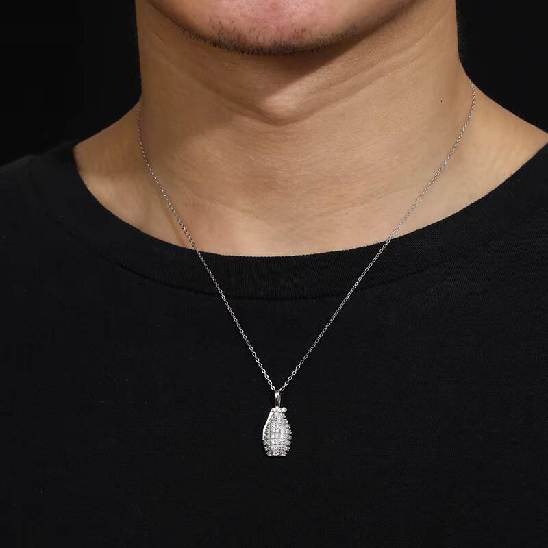 Hot Sale Fashion Hip Hop Iced Out 925 Sterling Silver Moissanite Grenade Pendant Necklace for Men and Women