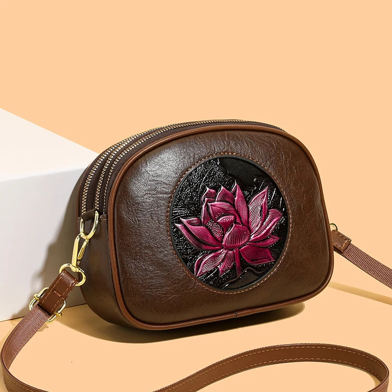 MultiLayer round Handbag Chinese Lotus Soft Leather oulder Crossbody Bag Vintage National Sle Womens 260307