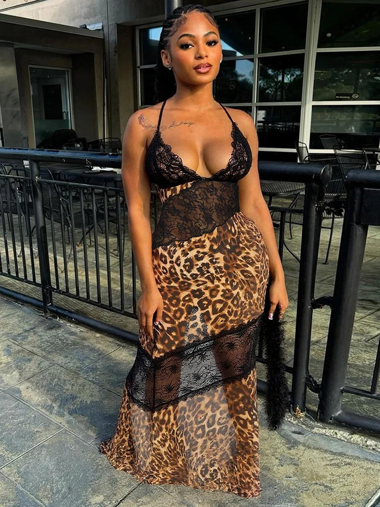 Weird Puss Mesh Patchwork Mermaid Dress Women Leopard Print Sexy Low-Neck Cleavage Backless Ruched Midnight Fashion Long Bodycon 260306