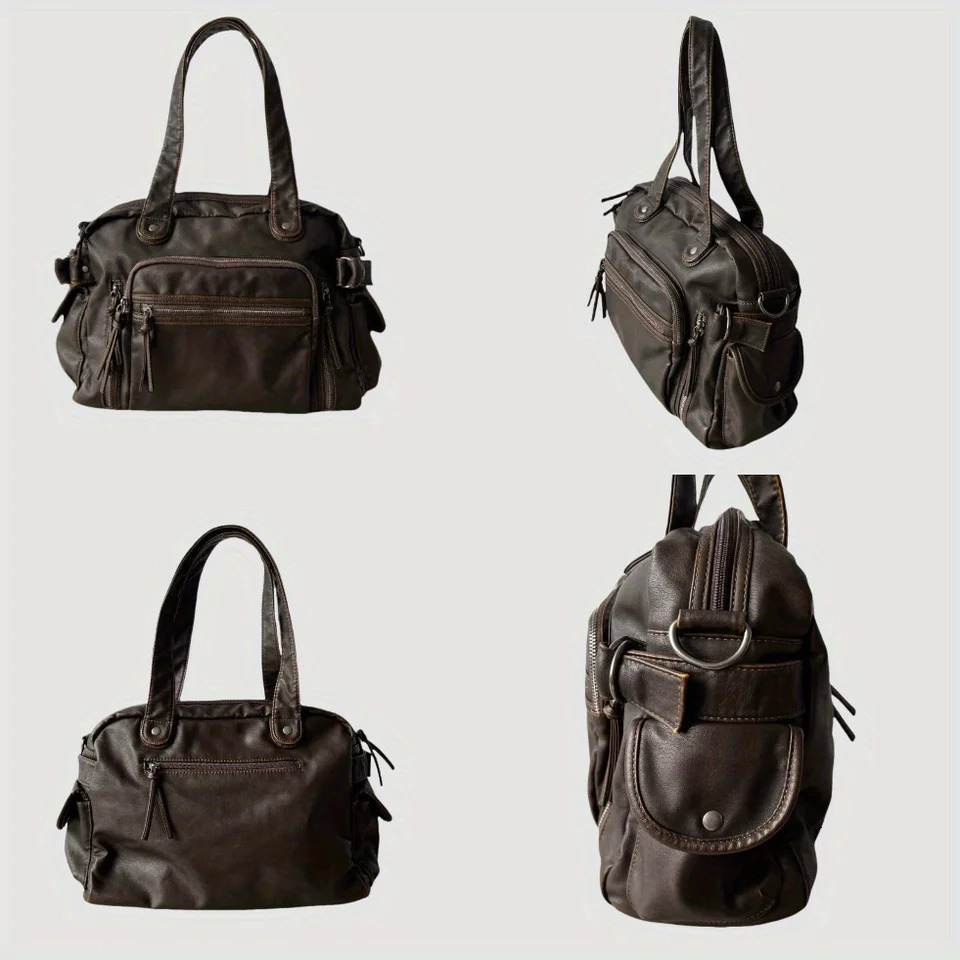 Retro tote bag motorcycle bag soft PU leather large capacity shoulder bag Y2K punk multi pocket crossbody bag 260303