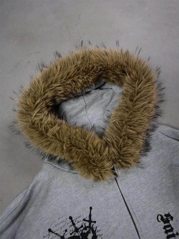 Winter Fashion Streetwear Womens Gothic Printed Faux Fur Hooded Jacket Trendy Edgy Zip - Up Sweatshirt 2026 Arrival 260228