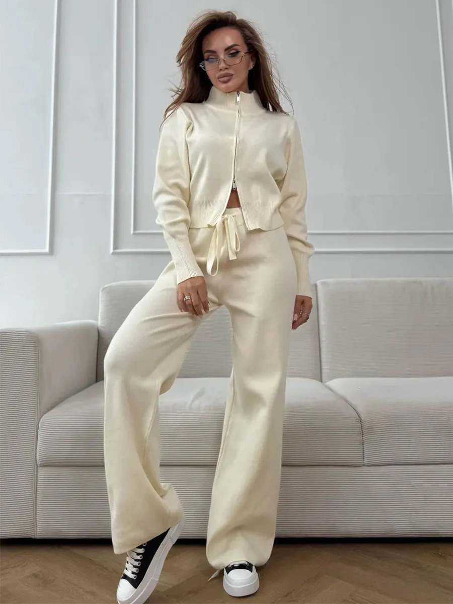 Wolfeel Autumn Winter Zip Up Knit Pants Set Womens Trendy Slim Fit Cardigan Chic Commuting Sweater Outfit 260306