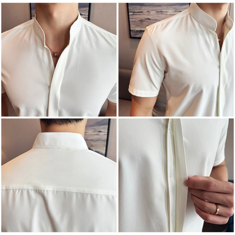 Stand Collar Short-Sleeved Shirt Mens High-Grade White V-Collar Shirt Drape Stretch Fashion V-neck Shirt Business Office 260305
