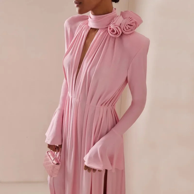 Elegant Y2K Fashion Long Flare Sleeve V Neck Floral Slit Party Evening Dress Robe Vintage Women Folds 260306