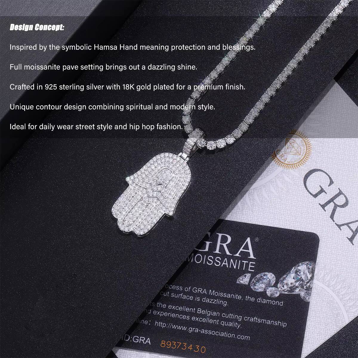 Full Moissanite Hamsa Pendant Necklace 925 Sterling Silver 18K Gold Plated Minimalist Fashion Hip Hop Style GRA Certificate