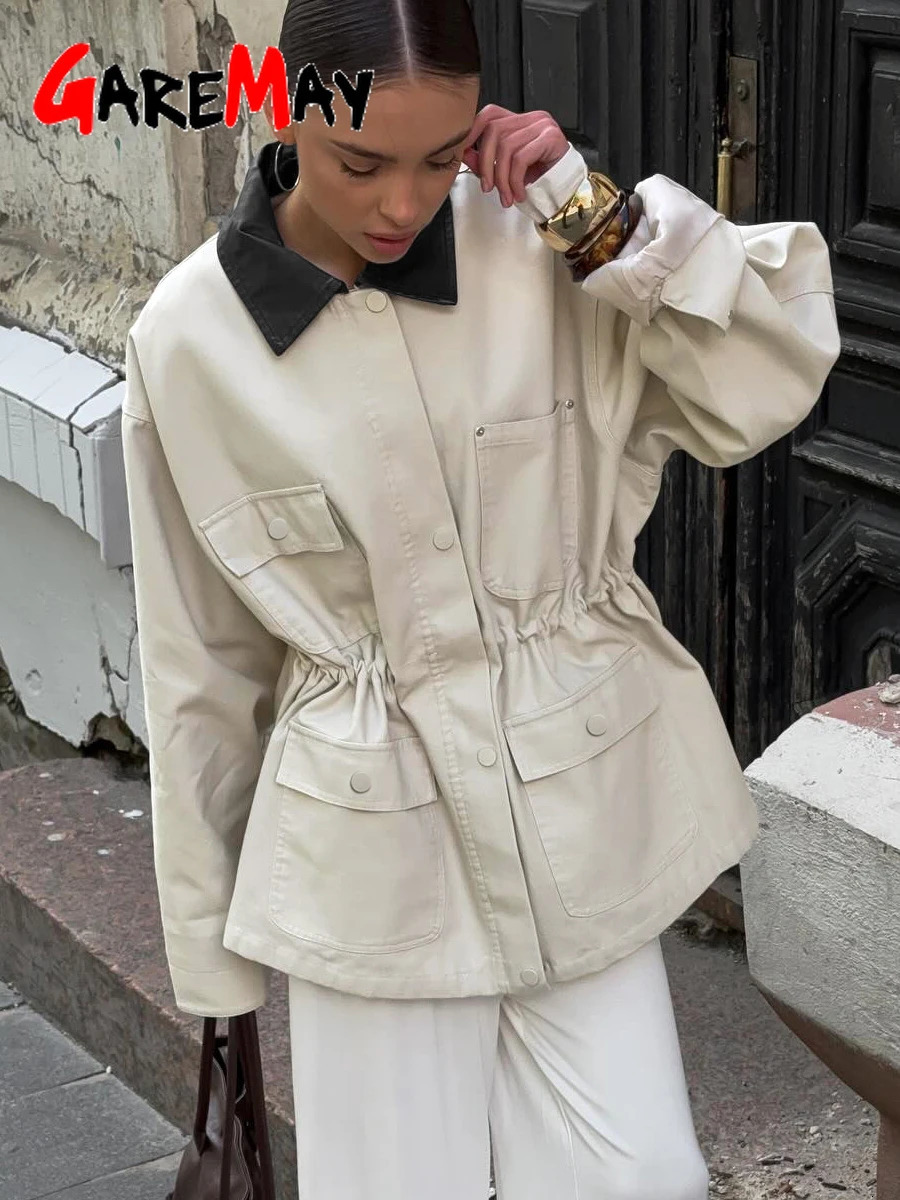 Womens Demi-season Jacket with Zipper Cotton Oversize Classic PU Leathercollar Vintage Autumn Jackets for Women 260306