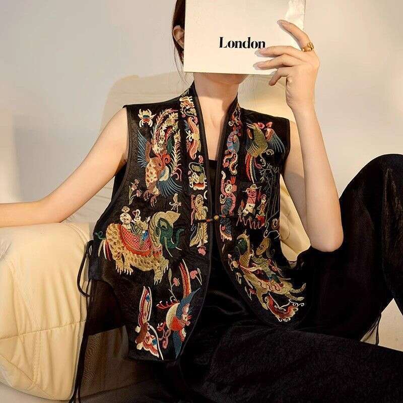 Mardi Hefxessdr Spring Summer Embroidered Heavy Work Mesh Women's Vest Chinese Style Top Outerwear Jacket Traditional National Design