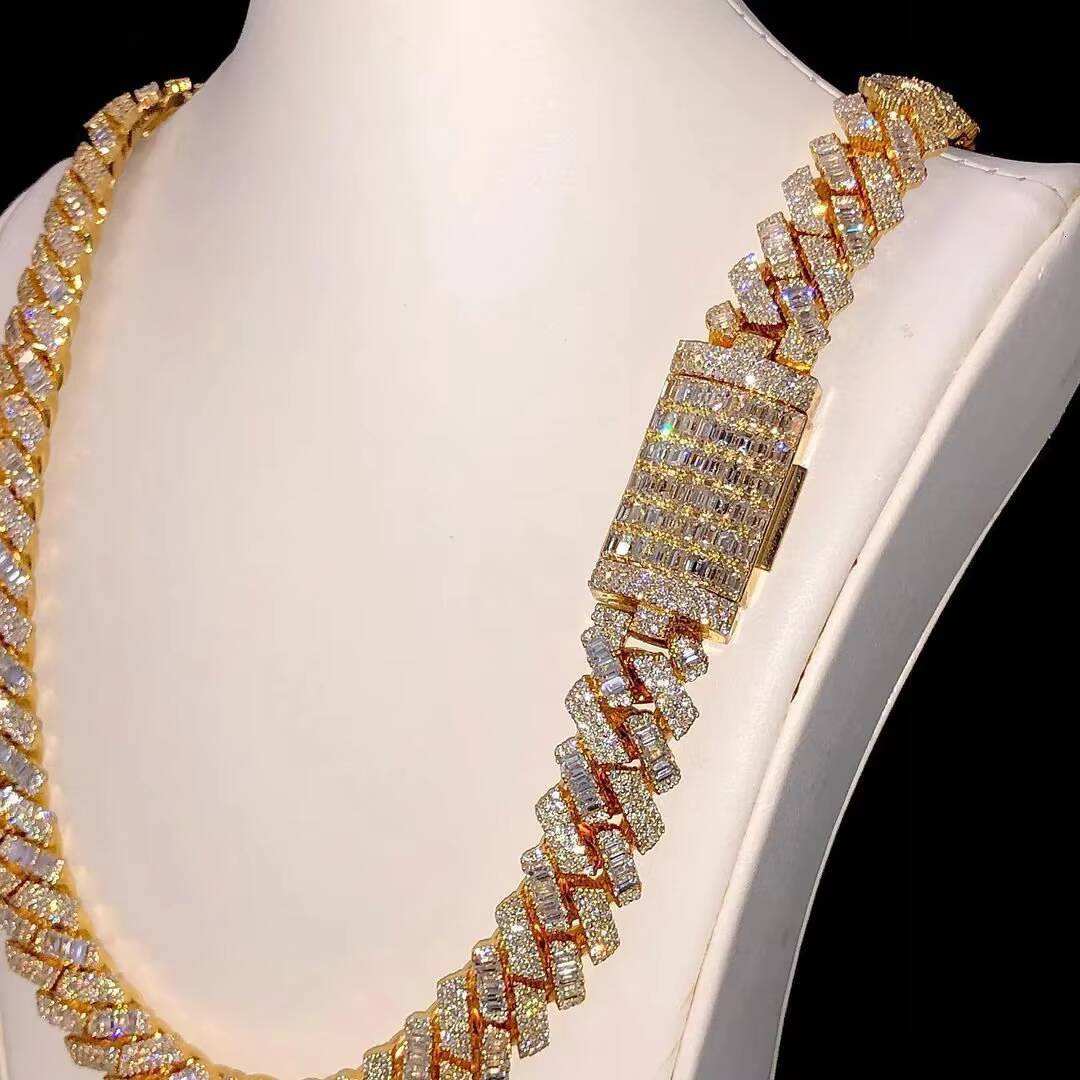 14mm Real Baguette VVS1 Moissanite Diamond Cuban Link Hip Hop Chain Bustdown Cuban Necklace Rapper Miami Cuban Chain