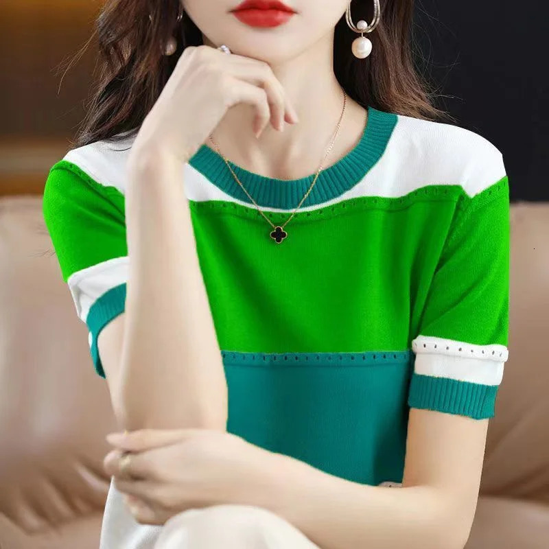 Summer Ice Silk Tshirt Shortsleeved Stripes Top Womens Round Neck Color Matching Hollow Loose Thin Knitted Sweater 260306