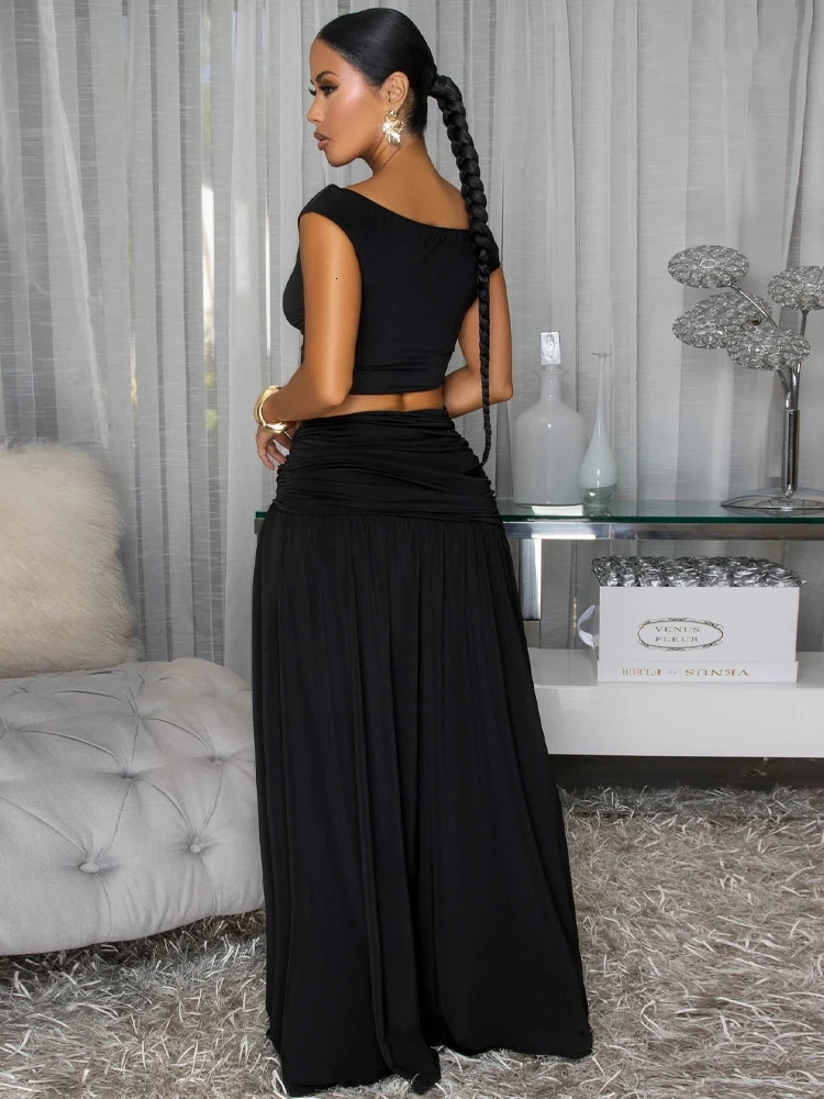 Beyprern y Green Gold Broach Top Maxi Skirt Set TwoPiece Dress Holiday Outfits Women High Slit Ruched Metal Bubble 260306