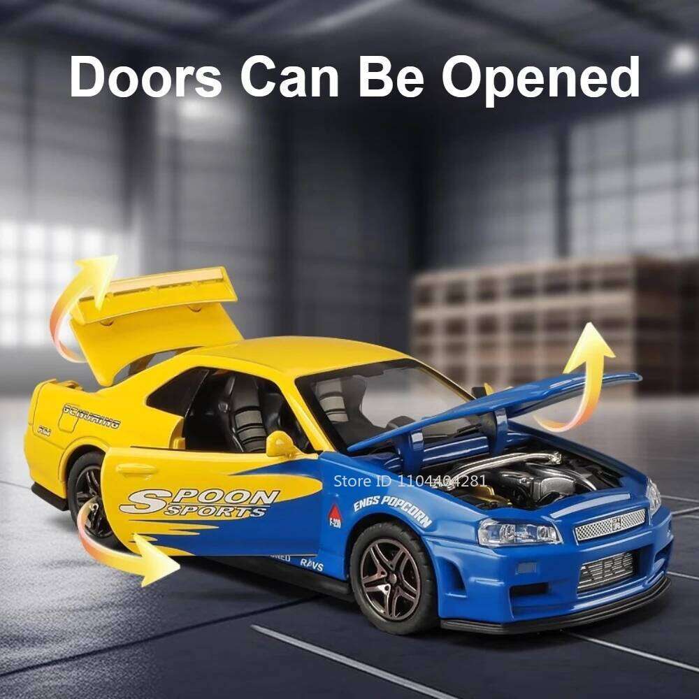 1:32 GTR R34 R35 Toys Alloy Model Cars Diecast Metal Miniature Vehices 4 Doors Opened Sound Light Pull Back Models for Kids Gift Z260306