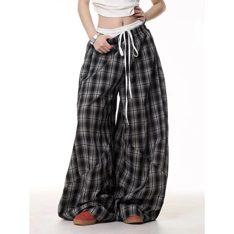 Black Plaid Patchwork Wide Leg Pants Mens Autumn American Vintage Y2K 2000s Style High Waisted Hip Hop Breathable Sweatpants 260303