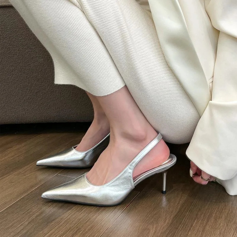 Elegant High Heels Silver Pumps Women Summer Slingbacks Pointed Toe Party Shoes Woman Solid Thin Heeled Sandals Ladies 260303
