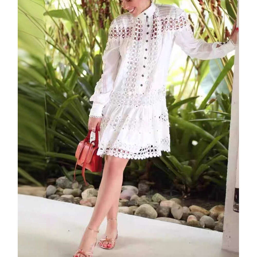 2026 Spring and Autumn Season European a3 and American Niche Lace Hollow Design Loose and Simple Solid Color Shirt Dress