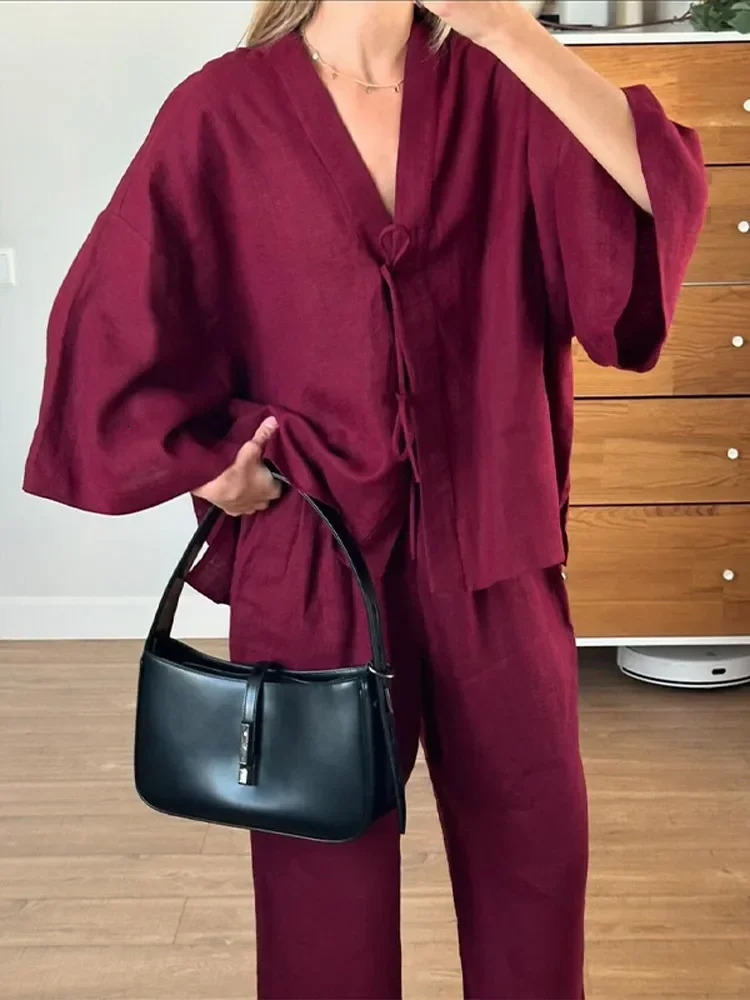 Brown Cotton Linen Suit For Women Chic Full Sleeves V-neck Lace-up Cardigan Loose Pants Set 2026 Summer Lady Casual Streetwear 260304