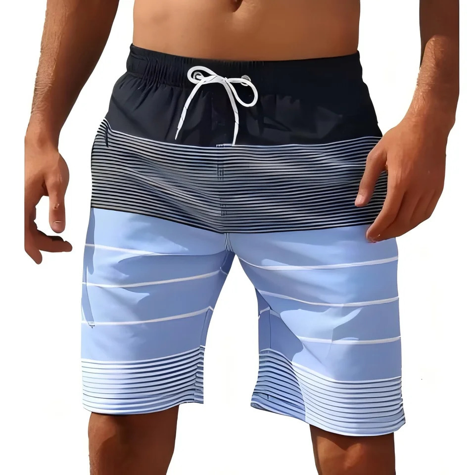Summer Vacation Mens stripe Print Drawstring Waist Board Shorts Fashion Swim Trunks 3D Print Breathable Short Streetwear 260304