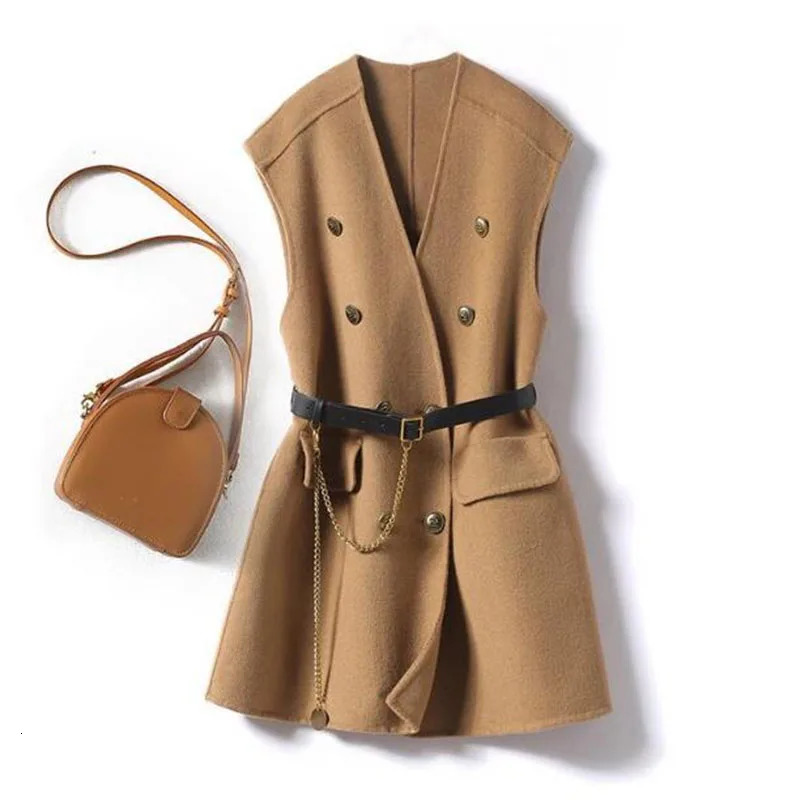 Fashion Women Woolen Vest Autumn Winter Waistcoat Jacket Casual Sleeveless Coat Female Outerwear Tops With Belt 260306