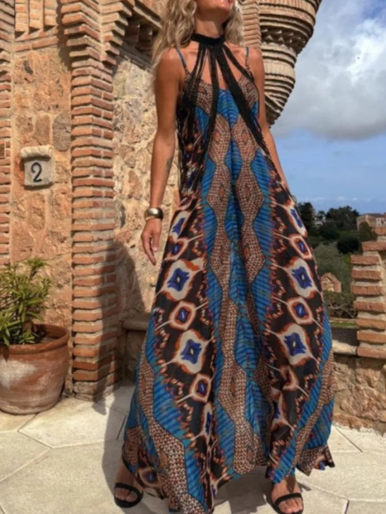 Fashion Casual Summer Elegant Dresses For Female Vneck Printed Temperament Sleeveless Loose Swing Long Spaghetti Strap 260306