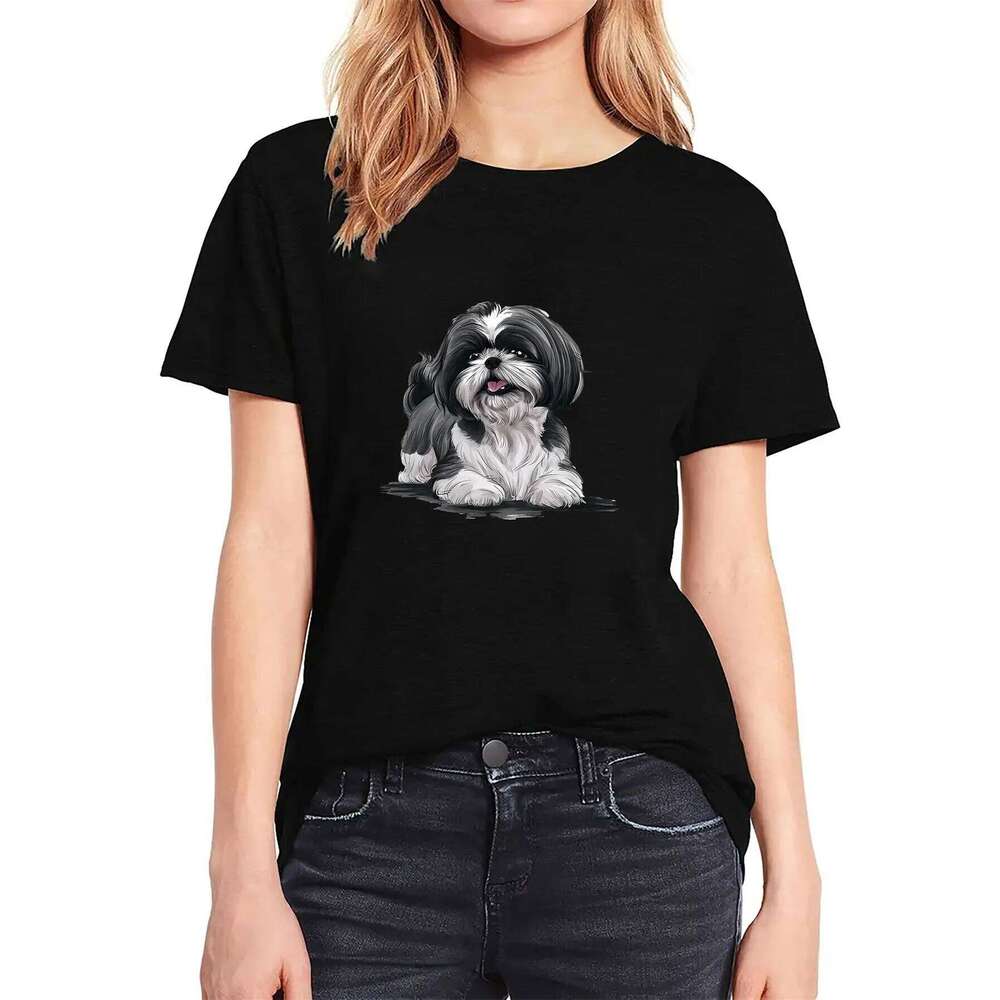Women's Casual Crew Neck T-shirt, Featuring A Shih Tzu Dog Print, Short Sleeves, and Medium Stretch Fabric.graphic T Shirts Y2K XJ260306 XJ260306