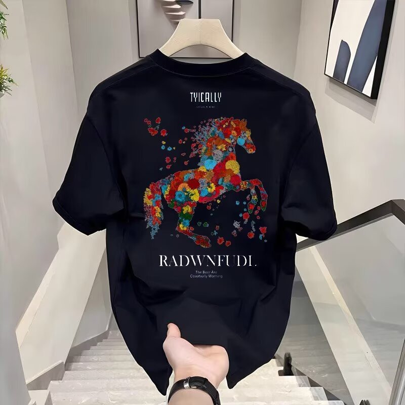 Luxury Brand Designer Clothes This Year's New Trendy Brand European Style Black Slim Fit Crew Neck Short Sleeve T-Shirt Men's Colorful Horse