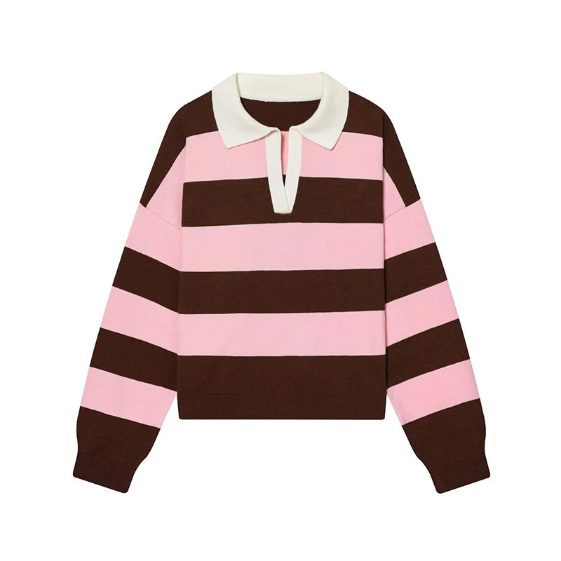 Womens Fashion Striped knitted Sweater Autumn Winter Polo Collar Long Sleeves Pullover Vintage Female Chic Tops 260306