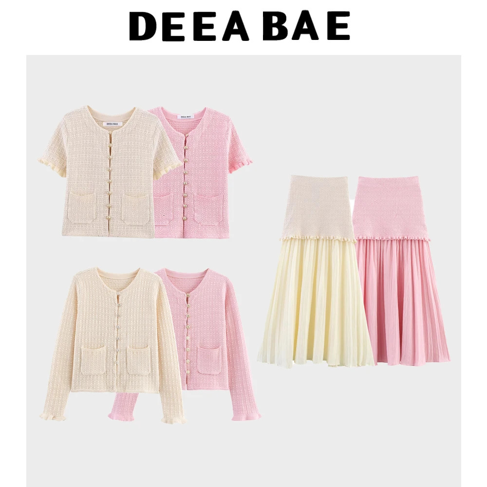 DEEABAE Autumn And Winter Round Neck Buckle Decoration Gentle and Versatile Short Sleeve Knitted Cardigan Half Skirt Set 260304